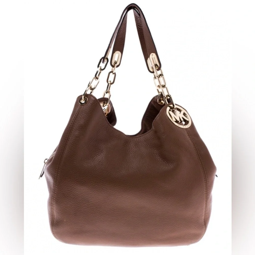 Michael Kors Brown Pebbled Leather Multi-Pocket Shoulder Bag. Gold hardware. - Picture 2 of 14